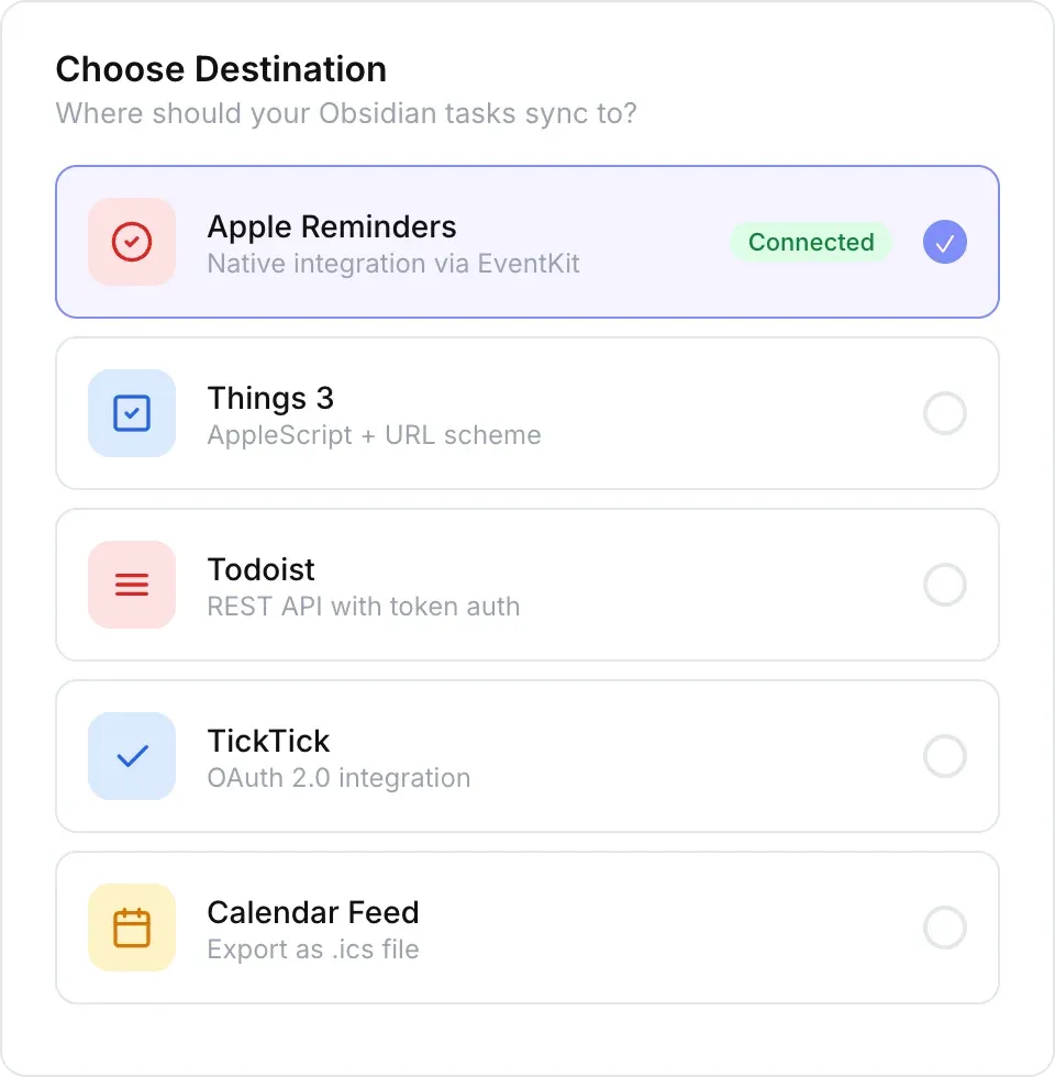 Destination picker covering EventKit, AppleScript + URL scheme, REST API, and OAuth integrations