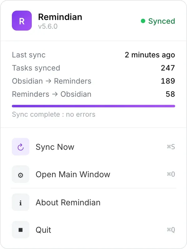 Menu bar popover surfacing sync state, throughput counters, and quick actions